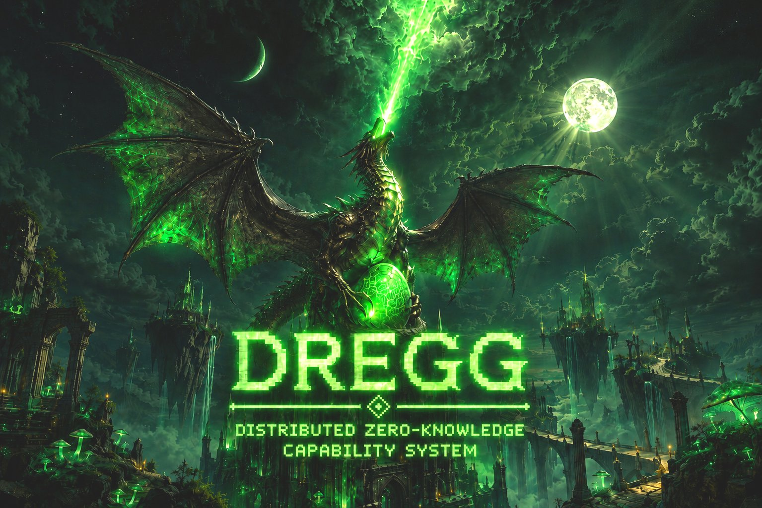 A dragon over a luminous egg above a green-lit realm of floating spires, ruins and bridges under a double moon.